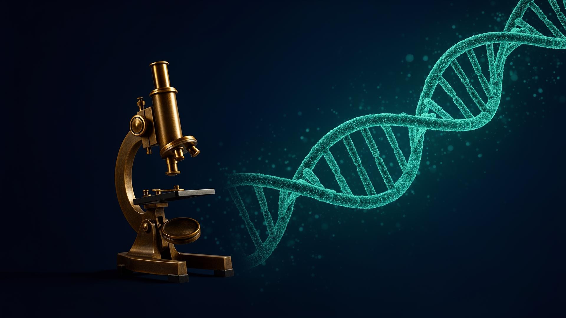 17th-century microscope blended with a glowing DNA helix