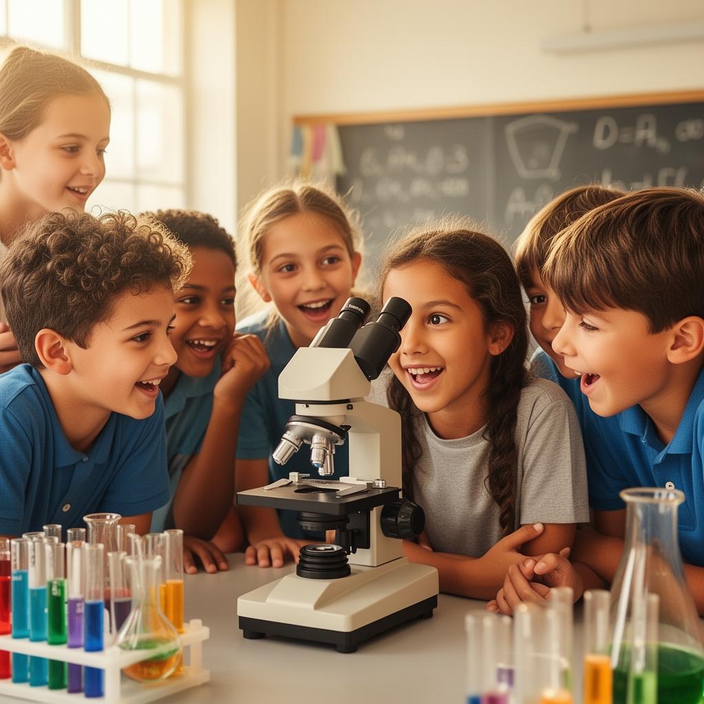 Children exploring microscopes during a science workshop